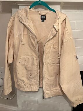 BDG Cream Zip-Up Hooded Jacket with Subtle Paint Speckle